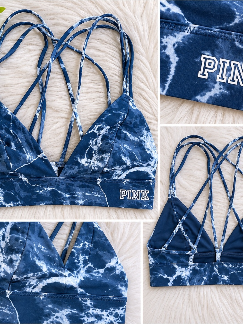 PINK Victoria’s Secret Blue Tie Dye Strappy Sports Bra | Size S